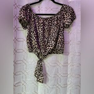 Animal print Ambiance Brown Black Cap Sleeve Tie Front Blouse